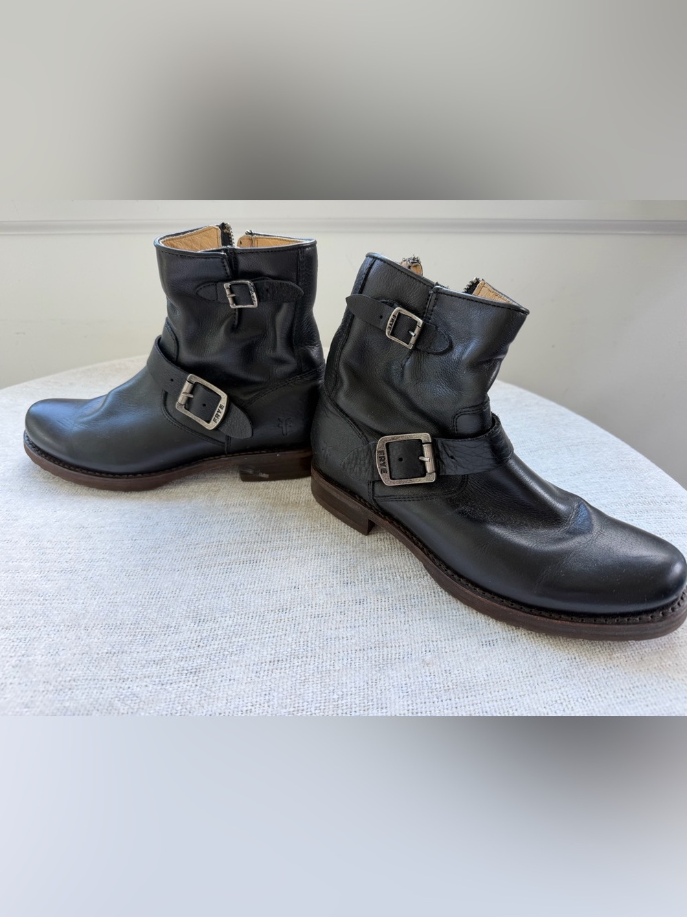 Frye Black Leather Harness Zip Boots with Buckles
